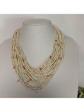 Multi Strand Ivory Seed Bead Necklace Flower Gold Accents Boho Chic Coastal